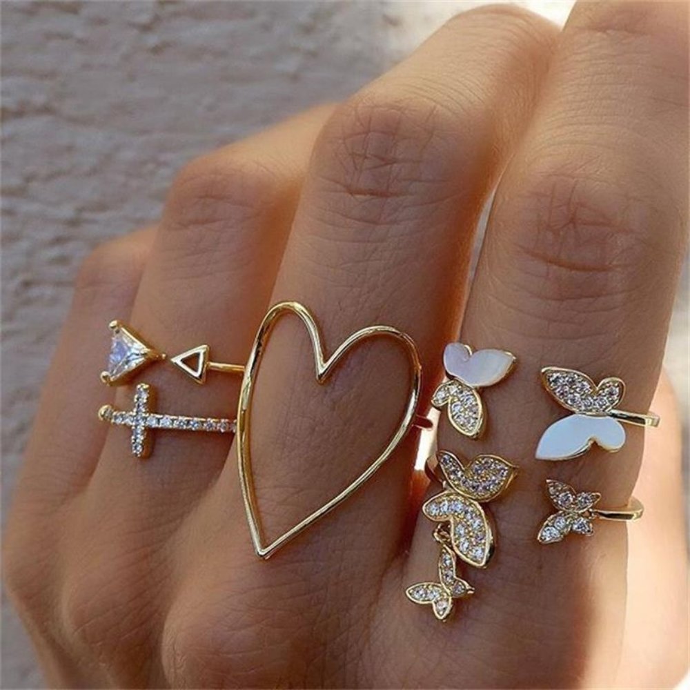 Heart Butterfly Cross 5 piece stack ring set